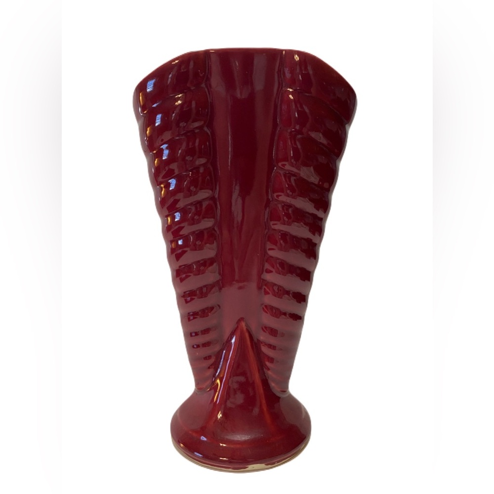 Vintage Fan Vase Burgundy Red Ceramic Art Deco Unique Decor Lobster Tail